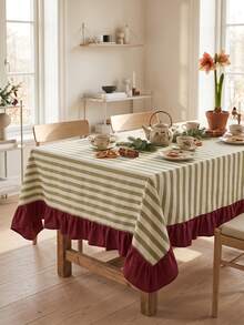 1pc Green & White Thin Striped With Burgundy Ruffle Edge Tablecloth, Christmas Holiday Style Fabric Material, Rectangular Burgundy Ruffle Edge Patchwork Detail, Stain-Resistant Protection, Tabletop Decoration And Beautification Function, Suitable For Christmas Dessert Table Arrangement And Holiday Party Scenes - Red - View 2