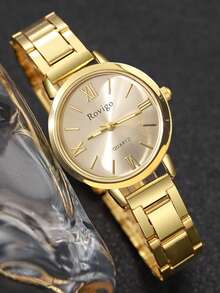 2PCS/1PC-Watch Optional Women's Gold Stainless Steel Strap Wristwatch Set, Classic Vintage Style, Roman Numeral Dial Minimalist Elegant, Paired With Hollow Heart Gold Women's Bracelet, Elegant Luxury Hand Accessory, Luxury Women's Gift, Suitable For Graduation Anniversary Gift, Exquisite Elegant Women's Accessory Set. - Gold - View 2