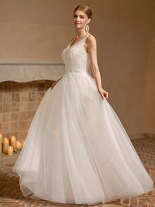 Bridal Wedding Dress, V-Neck Lace Tulle A-Line Long Gown, Ethereal Romantic Ball Gown, Suitable For Wedding Guests And Formal Evening Events - White - View 1