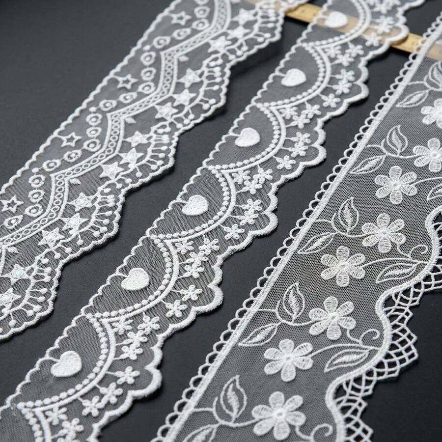 1/3 Yards Vintage Floral Embroidered Lace Trim, Scalloped Edge Lace Ribbon With Star, Heart & Flower Patterns, Decorative Mesh Lace For DIY Sewing, Clothing, Dresses, Skirts, Cuffs, Collars, Wedding Decor, Craft Projects & Home Decoration - Multicolor - View 1