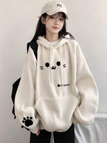 Autumn/Winter Round Neck Loose Slouchy Casual Versatile Cute Cat Face Cartoon Print Thermal Lined Sweatshirt For Women - Light Gray - View 2