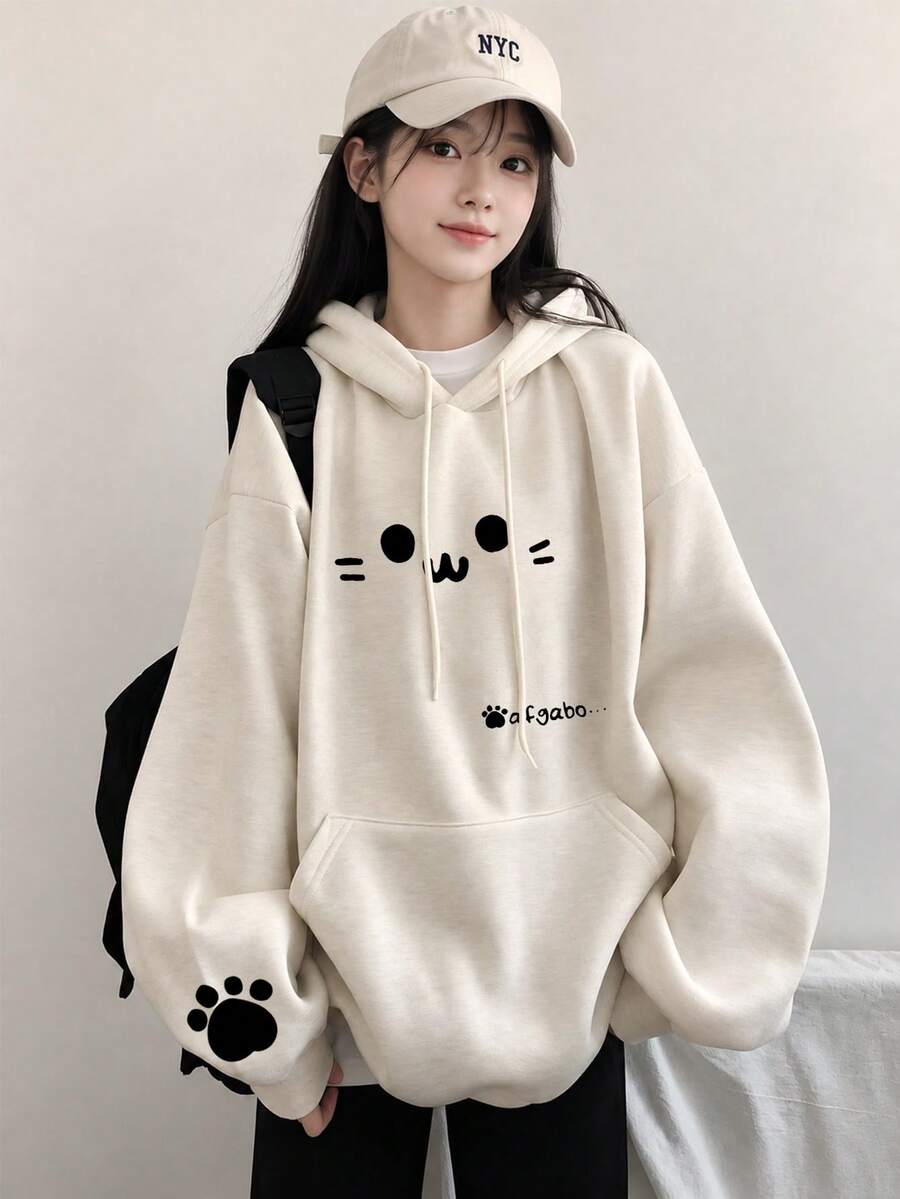 Sweatshirt Wanita Model Longgar Leher Bulat Kasual Serbaguna dengan Motif Kartun Wajah Kucing Lucu dan Lapisan Termal untuk Musim Gugur/Dingin - Abu-abu muda - View 1