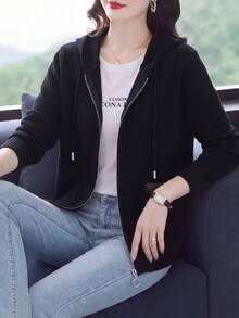 女款寬鬆連帽拉鍊針織運動衫，加厚標準版夾克，適合秋冬春三季 - 黑色 - 查看 6