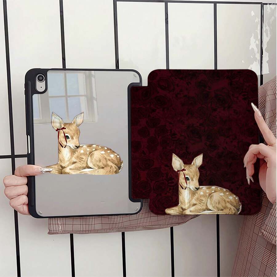 酒紅玫瑰背景小鹿保護平板保護套，附筆筒，相容 iPad 第 10 代 Smart Case/11(A16 2025)/相容 Galaxy S9/S7/S10+/相容 /相容