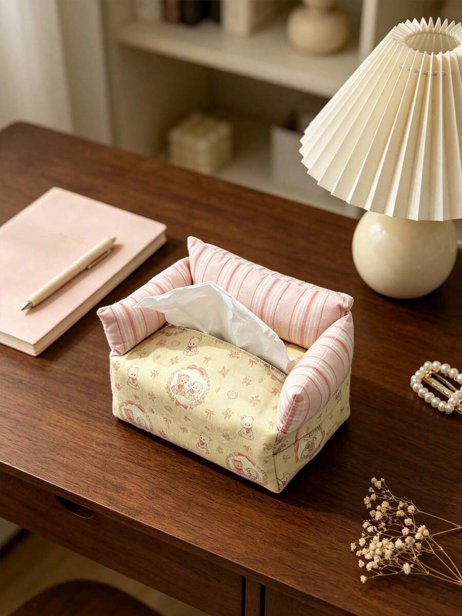 1Pc Floral Printed Sofa Shape Tissue Box Cover, Vintage Style Fabric Square Shaped Decorative Tissue Holder, For Tabletop Bedroom Living Room Daily Home Decor