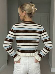 Women's Autumn Set: Vintage Multi-Color Striped Ruffle Round Neck Long Sleeve Cardigan With Metal Buttons, Suitable For Daily And Office Wear - Multicolor - View 10