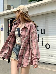 YUXIN Women's American Niche Vintage Plaid Long Sleeve Shirt, Versatile Loose Street Style, Spring/Autumn Essential Shirt - Pink - View 2