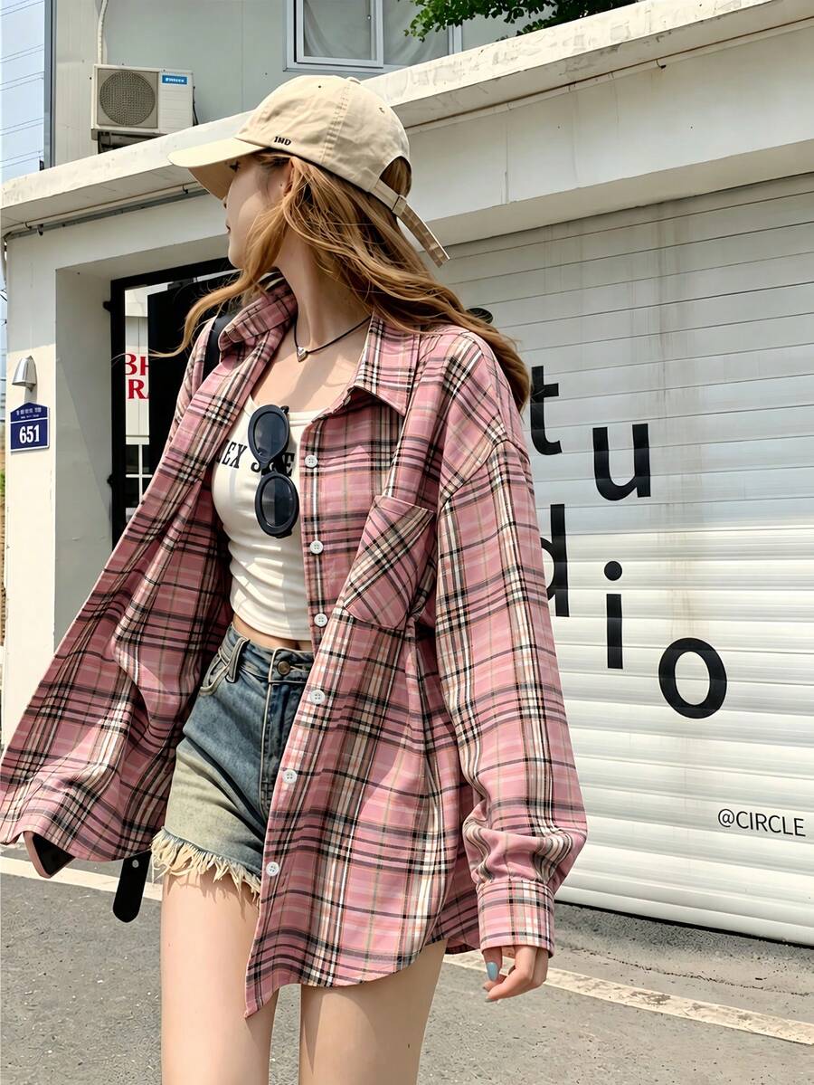 YUXIN Women's American Niche Vintage Plaid Long Sleeve Shirt, Versatile Loose Street Style, Spring/Autumn Essential Shirt