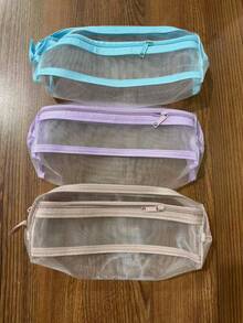 1pc Pink Transparent Square Mesh Pencil Case, Lightweight And Practical, Suitable For Office Desk, Portable Storage Bag, Large Capacity Makeup Brush Bag, Random Color, Random Packaging - A - View 9