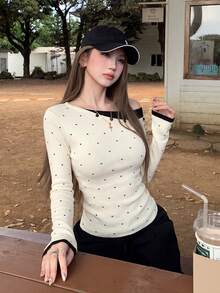 Women's Autumn/Winter Polka Dot Asymmetric Collar Long Sleeve Sweater - Apricot - View 4