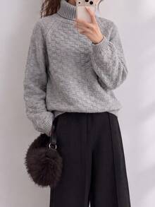 Sweater Pullover Rajut Tekstur Leher Tinggi Longgar Kasual Baru Musim Dingin Wanita - Grey - View 1