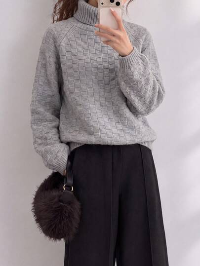 Women's Winter New Casual Slouchy Textured Knit High Neck Pullover Sweater