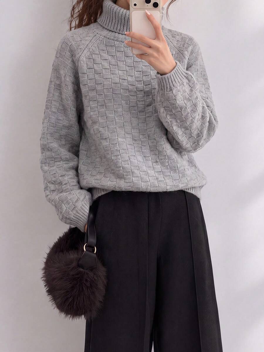 Sweater Pullover Rajut Tekstur Leher Tinggi Longgar Kasual Baru Musim Dingin Wanita - Grey - View 1