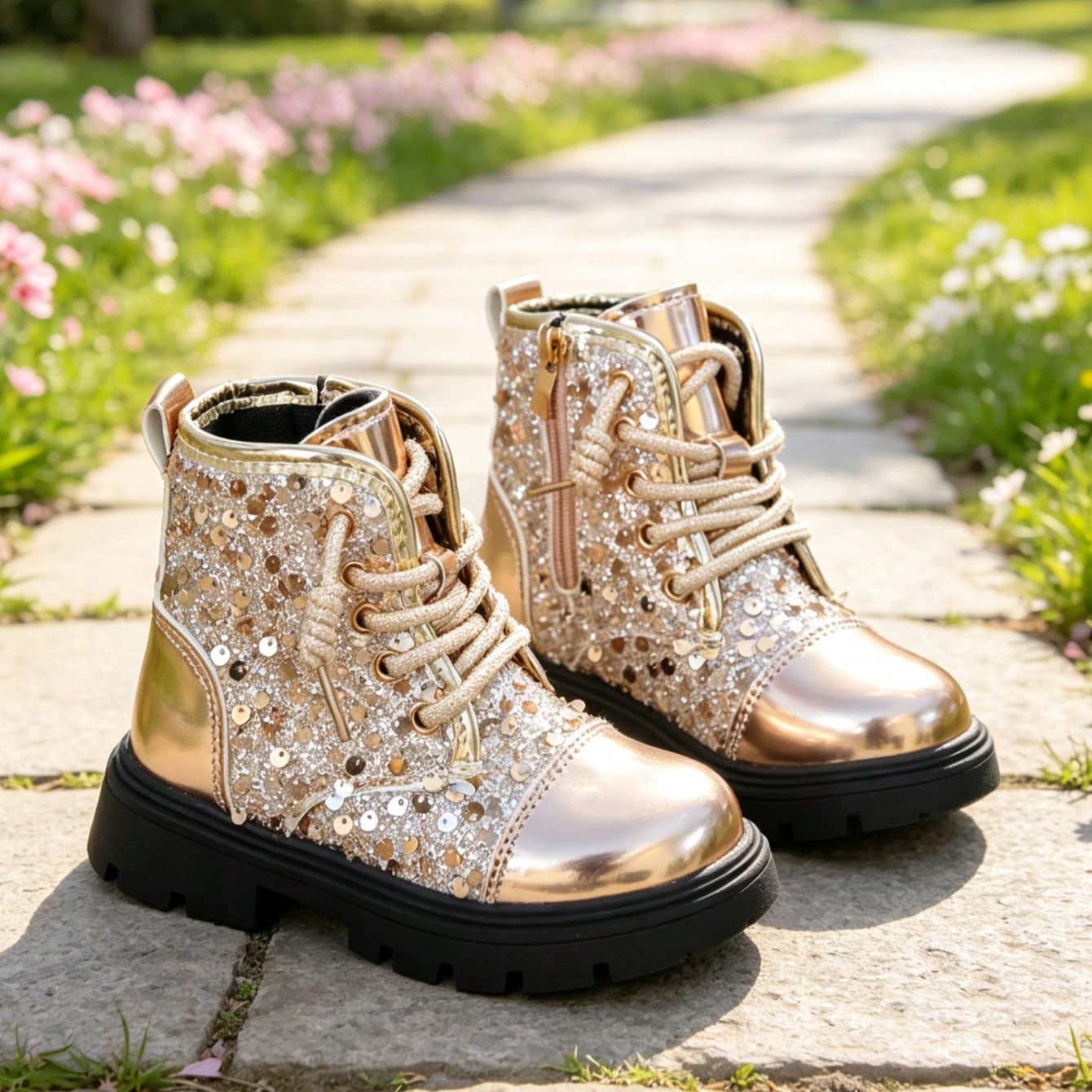 1 Pair Girls' Boots, Mirror PU + Sequin Fabric, Round Toe, Thick Sole, Height-Increasing, Inner Zipper Design, Fashionable, Glamorous, Cute Princess Style Ankle Boots, Suitable For Boys And Girls Students, Daily Campus, Festivals, Parties, Autumn/Winter N