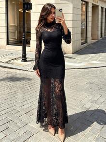 Autumn/Winter Black Lace Bell Sleeve Fitted Mermaid Elegant Dress - Black - View 1