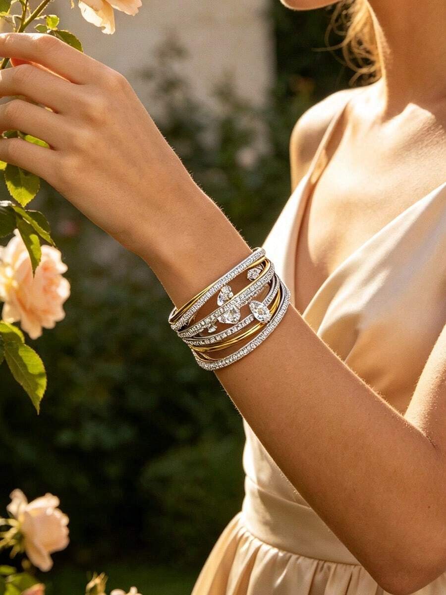 Gelang Wanita Seri Swarovski Hyperbola, Gelang Kristal Premium Terbuka, Perhiasan Fashion Logam Dua Warna Berlapis Rhodium, Aksesori Hadiah - Clear - View 1