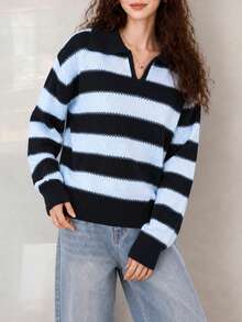 Women's New Autumn/Winter Minimalist Striped Collared Pullover Sweater - Blue - View 4