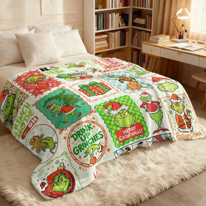 The Grinch Soft & Comfortable 1pc Vintage Style Christmas Modern Flannel Christmas Nap Blanket - Christmas Tree, Deer, Snowflake, Snowman - Polyester Nap Blanket - Digital Print Craft, Suitable For Sofa, Bed, Travel, Office Home Decor