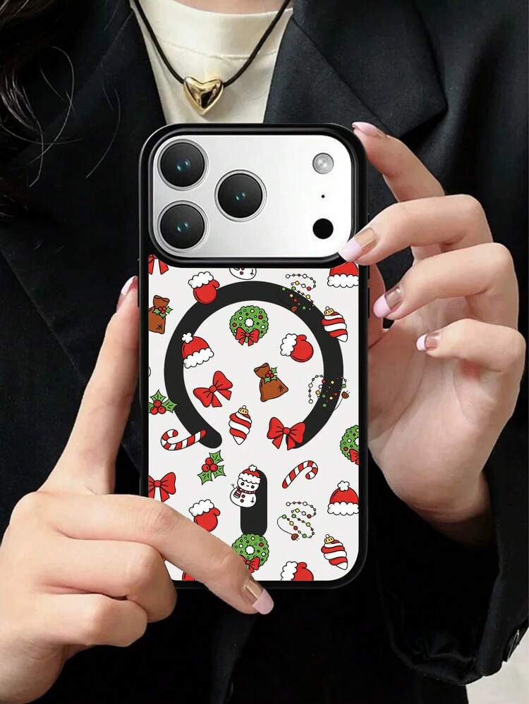 XUSTIO Christmas Snowman Santa Hat Bow Candy Cane Ribbon Magnetic Phone Case Full Coverage Shockproof Anti-Drop Couple Best Friend Style 2 Colors Available Compatible With Apple 11 12 13 14 15 16 17 18 Pro ProMax Plus Daily Commute Holiday Gift Highly Attractive Protective Cover - Black - View 8