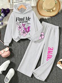 Girls' Fresh Pastoral Style Letter & Floral Print Hoodie Sweatshirt With Personalized Print Loose Wide Leg Pants, 2-Piece Set For Autumn/Winter - Light Grey - View 1