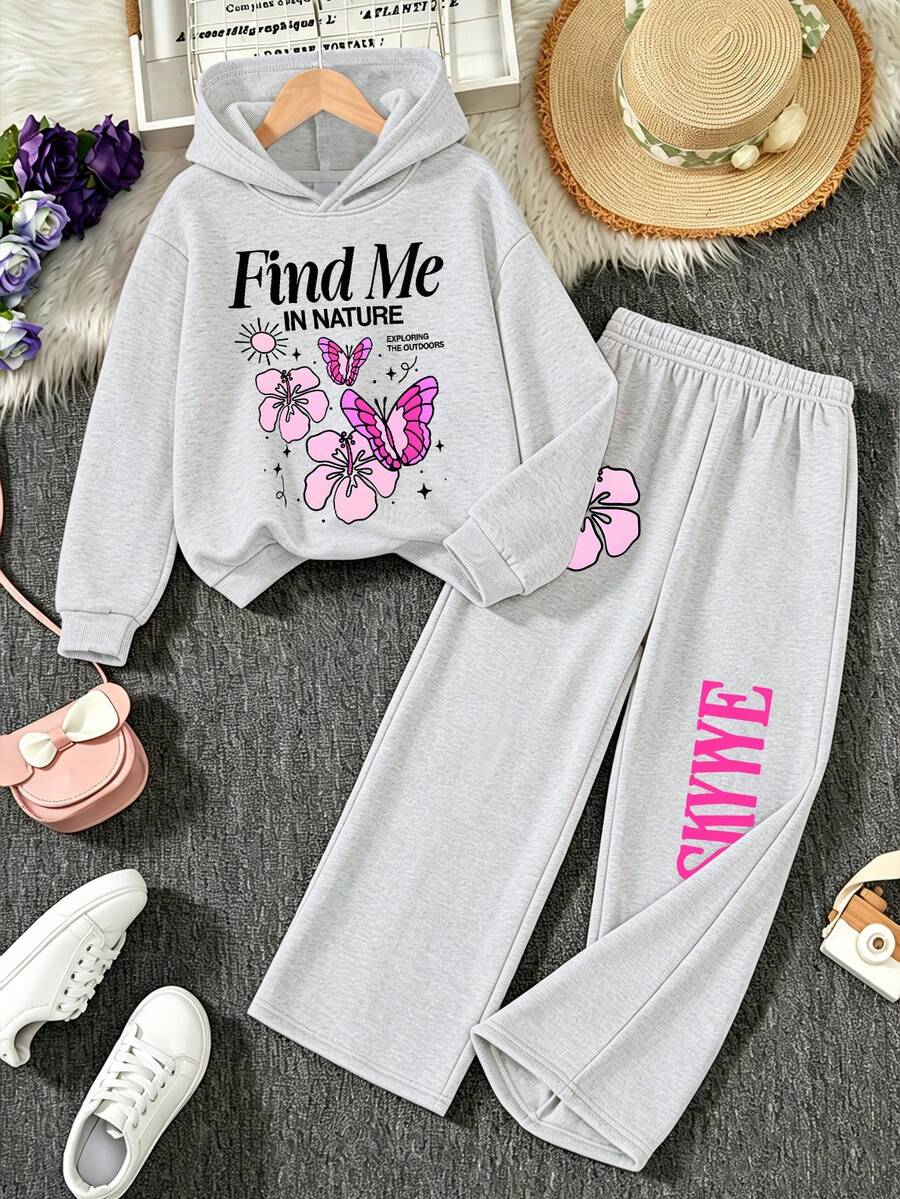 Girls' Fresh Pastoral Style Letter & Floral Print Hoodie Sweatshirt With Personalized Print Loose Wide Leg Pants, 2-Piece Set For Autumn/Winter - Light Grey - View 1