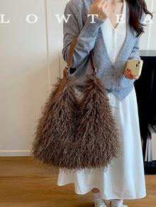 low tea 1pc Crescent Shaped Plush Fabric Shoulder Bag, Suitable For Commuting, Shopping And More - Coffee - View 6
