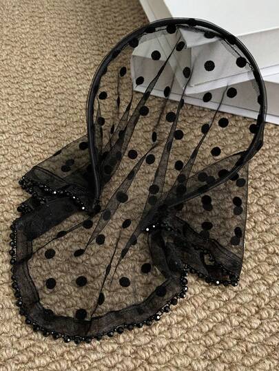 1PC Retro Black Polka‑Dot Tulle Headband, Crystal Trim Turban‑Style Hair Accessory, Women Atmospheric Headwear For Formal Occasions