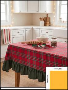 1pc Red & Green Classic Large Plaid Tablecloth, Traditional Country Style, Rectangular Green Leaf Edge With Pleated Details, Stain-Resistant Protective Table Cover, Functional Home Long Tablecloth Suitable For Christmas Family Gatherings And Winter Holiday Kitchen Decor - Red - View 21