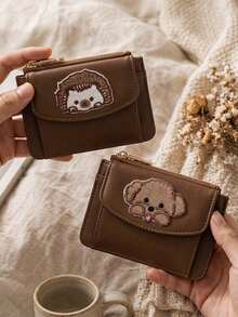 Retro Brown Wallet With Cute Animal Patch,PU Multi Card Holder,Zipper Coin Purse,Cute Cat Hedgehog Dog Card Wallet With Coin Pocket,Holiday Gifts - Multicolor - View 9