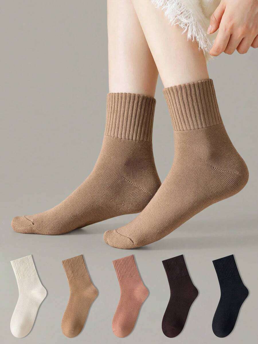 ZUJO 3 Pairs Women's Ribbed Terry Mid-Calf Socks, Thickened Long Warm Socks, Versatile Soft Comfortable, Suitable For Spring Autumn Winter Sports And Daily Wear, Random Color - Multicolor - View 1