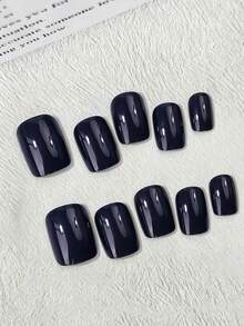24pcs Short Round Press-On Nails, Solid Deep Blue Fake Nails, Glossy Minimalist Manicure, Enhances Elegance, Suitable For Daily, Date, Party, Includes Jelly Glue And Nail File - Navy Blue - View 2