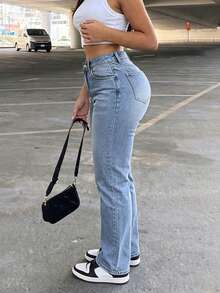 Solid Color Washed Casual Denim Long Pants Women's All Season New Arrival Minimalist Daily - Medium Wash - View 4