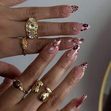 24Pcs Medium Almond Magenta Press On Nails, Irregular Spot French Tips With Brown Ombre, Vintage Purple Floral Pattern & Gold Bead Decor, Elegant Style For Daily Autumn & Winter Wear - Red Violet - View 10