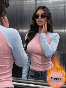 Women's Casual Fleece Fuzzy Colorblock Slim Fit Long Sleeve T-Shirts For Daily Wear,Winter Fall Outfit,Winter Fall Clothes,Going Out - Pink - View 2