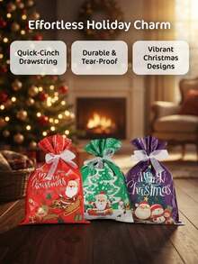 10pcs Christmas Gift Bags, Drawstring Closure Design, Convenient For Storing Candies And Small Gifts. Suitable For Christmas Eve Gift Packaging, Can Be Used For Christmas Party, Home Holiday Scene Decoration, Both Practical Gift Packaging Bags And Christmas Atmosphere Decoration. - Multicolor - View 6