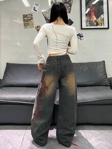1件女款寬鬆刺繡寬腿牛仔褲，舒適休閒高街百搭丹寧長褲（不含腰帶/配件）秋季 - 銅色 - 查看 7