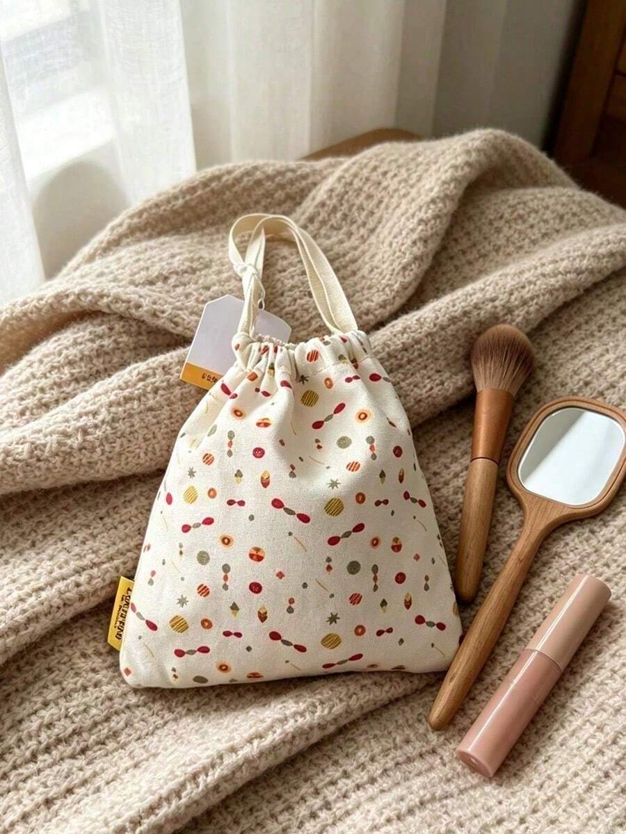 Cream Canvas Floral Dot Drawstring Makeup Bag Portable Handheld Travel Cosmetic Storage Pouch Gift L'Occitane Drawstring Bag - White + Yellow + Red - View 1
