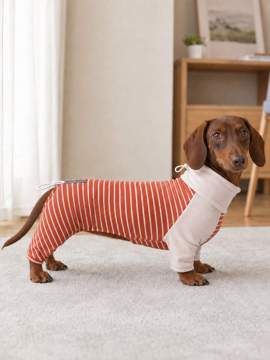 1pc Classic Striped Dachshund Pajamas, Adjustable Neck & Back Drawstring, Soft High Elastic Warm Sausage Dog , Anti-Shedding Sleepwear, Suitable For Dackel Teckel Dogs, Wiener Dogs