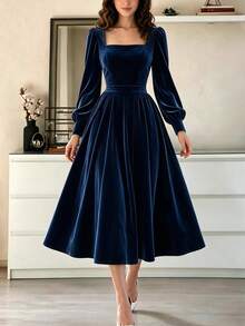 Women's Solid Color Pleated Elegant Cinched Waist Party Long Dress - Navy Blue - View 5