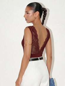 Sexy Fashionable Backless Lace Criss-Cross Design Women's Bodysuit, New Arrival Spring/Summer - Burgundy - View 3