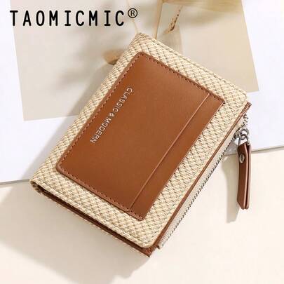 Women's Bi-Fold PU Woven Clutch Wallet, Multiple Card Slots, ID Window, Zipper Coin Pocket, Portable Small Wallet