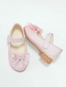 1 Pair Girls' Gentle Nude Pink Princess Shoes, Hook And Loop Mesh Rhinestone Bow Mary Jane Shoes, Versatile For Birthday, Party, Performance - Pink - View 7