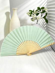 Light Green Folding Fan Gift Set With Mesh Bag And Thank You Card, DIY Handheld Bamboo Folding Fan, Wedding Favor Gift, Bride Dance Prop For Church Wedding Party - Multicolor - View 1