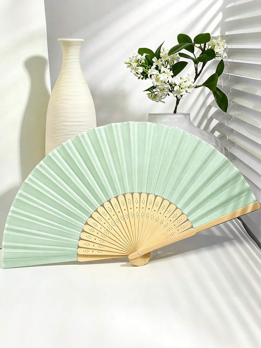 Light Green Folding Fan Gift Set With Mesh Bag And Thank You Card, DIY Handheld Bamboo Folding Fan, Wedding Favor Gift, Bride Dance Prop For Church Wedding Party - Multicolor - View 1