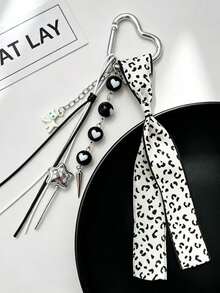 Korean Cool Style Black White Leopard Print Keychain, White Cat Tassel Beaded Bag Charm - Multicolor - View 7