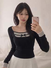 Women's Sexy Bowknot Decor Long Sleeve Sweater - Black - View 4