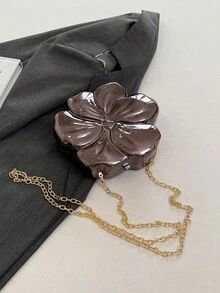 槍黑色花卉鏈條女款高端晚宴手拿包 鏡面硬殼包 金色斜跨禮服飾品 - 槍色 - 查看 10