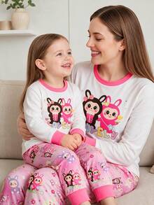 2 Pieces Autumn And Winter Baby Girls Round Neck Long Sleeved Home Suit Set, Cute Cartoon Flower Pattern White Top, Comfortable Pink Pants, Daily Casual Wear - White - View 1