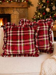 1pc/2pcs Christmas Plaid Ruffle Throw Pillow Covers 18x18 Inch Scottish Tartan Cushion Case For Farmhouse Home Holiday Decor(Big Red) - Red - View 5