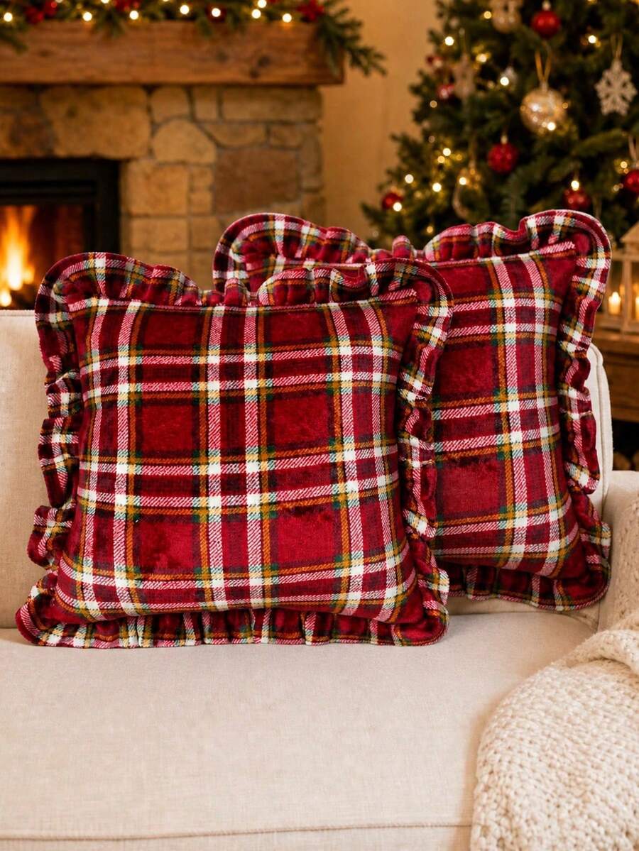 1 cái/2 cái vỏ gối tựa bèo nhún họa tiết kẻ caro Giáng sinh 18x18 inch, vỏ đệm Tartan Scotland cho trang trí nhà phong cách farmhouse dịp lễ (Đỏ đậm) - Đỏ - Xem 1